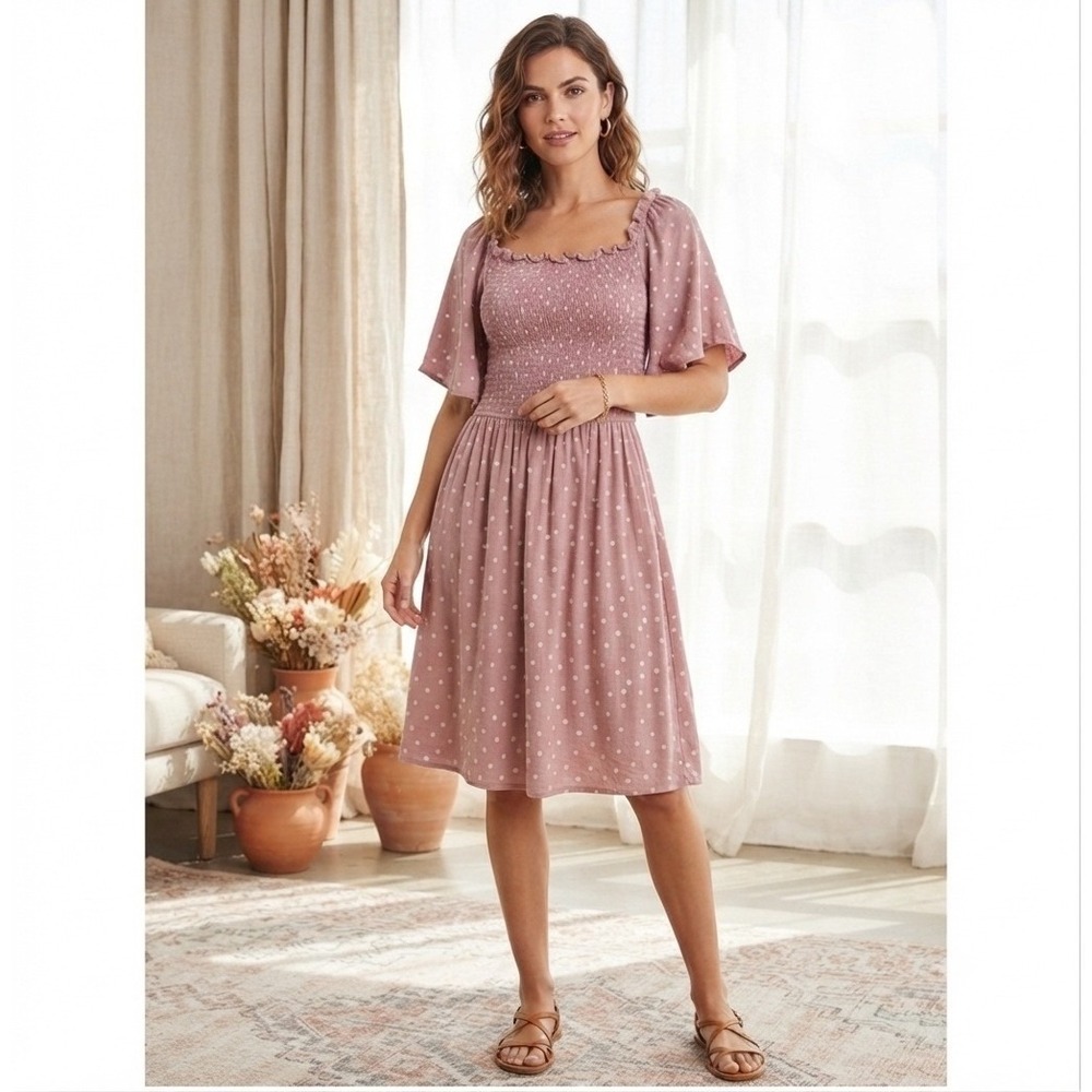 OPHELIA ROE Mauve Polka Dot Off Shoulder Smocked Dress Womens 1x